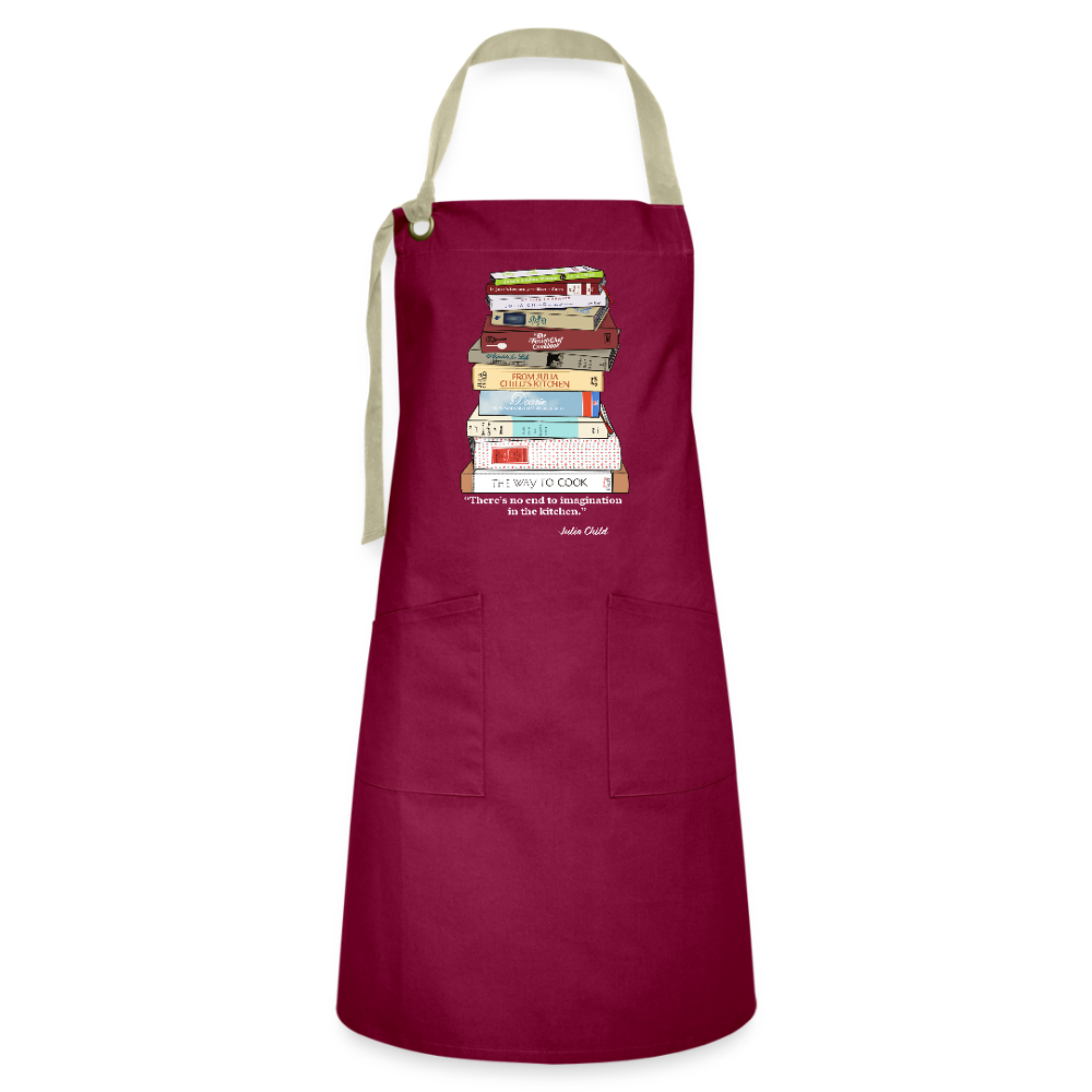 Julia Child Cookbook Stack Apron – Hand Drawn Kitchen Art with Quote “There’s No End to Imagination in the Kitchen - burgundy/khaki