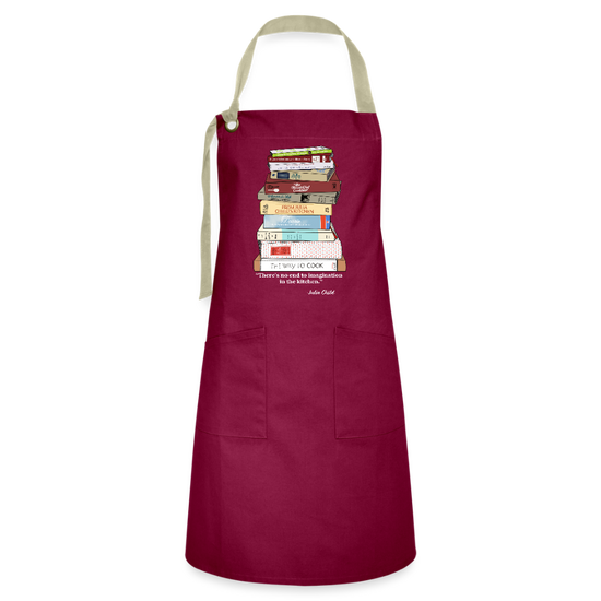 Julia Child Cookbook Stack Apron – Hand Drawn Kitchen Art with Quote “There’s No End to Imagination in the Kitchen - burgundy/khaki