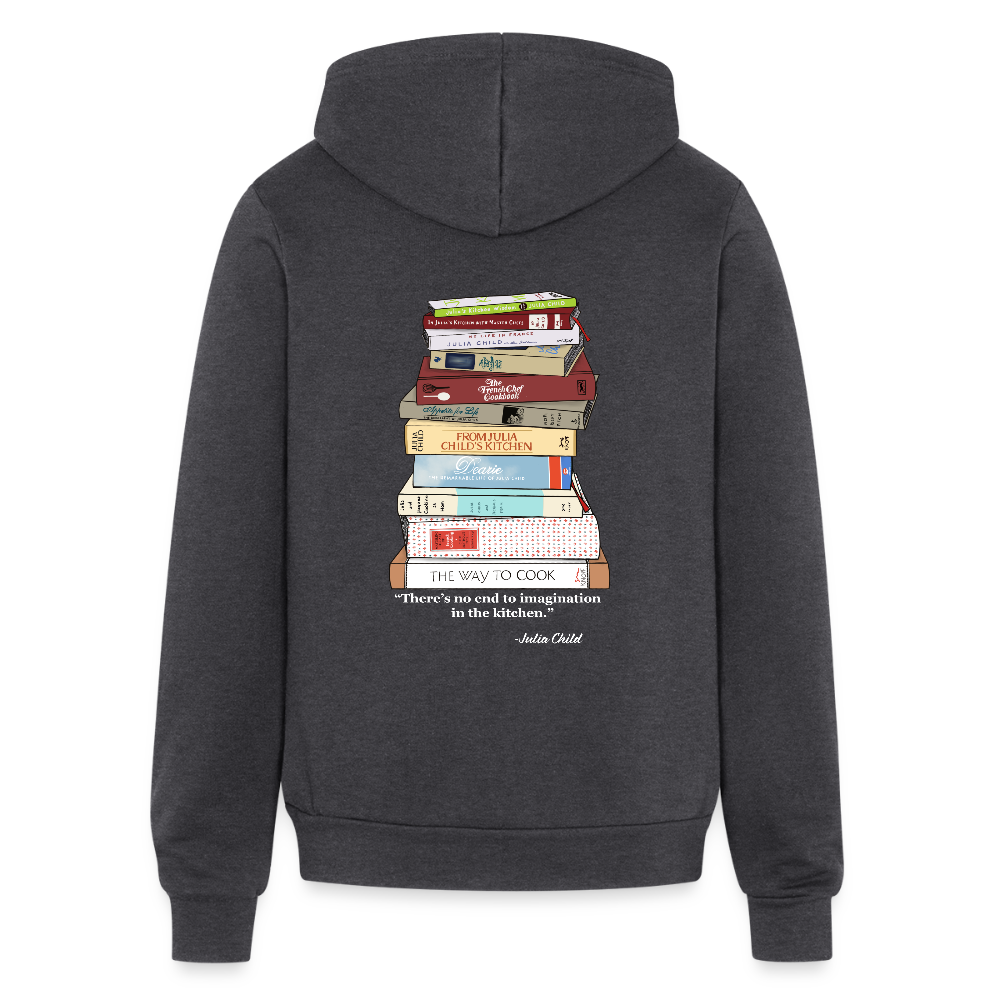 Julia Child Cookbook Stack Hoodie – Hand Drawn Zippered Sweatshirt for Foodies, Chefs & French Cooking Fans - charcoal grey