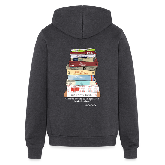 Julia Child Cookbook Stack Hoodie – Hand Drawn Zippered Sweatshirt for Foodies, Chefs & French Cooking Fans - charcoal grey