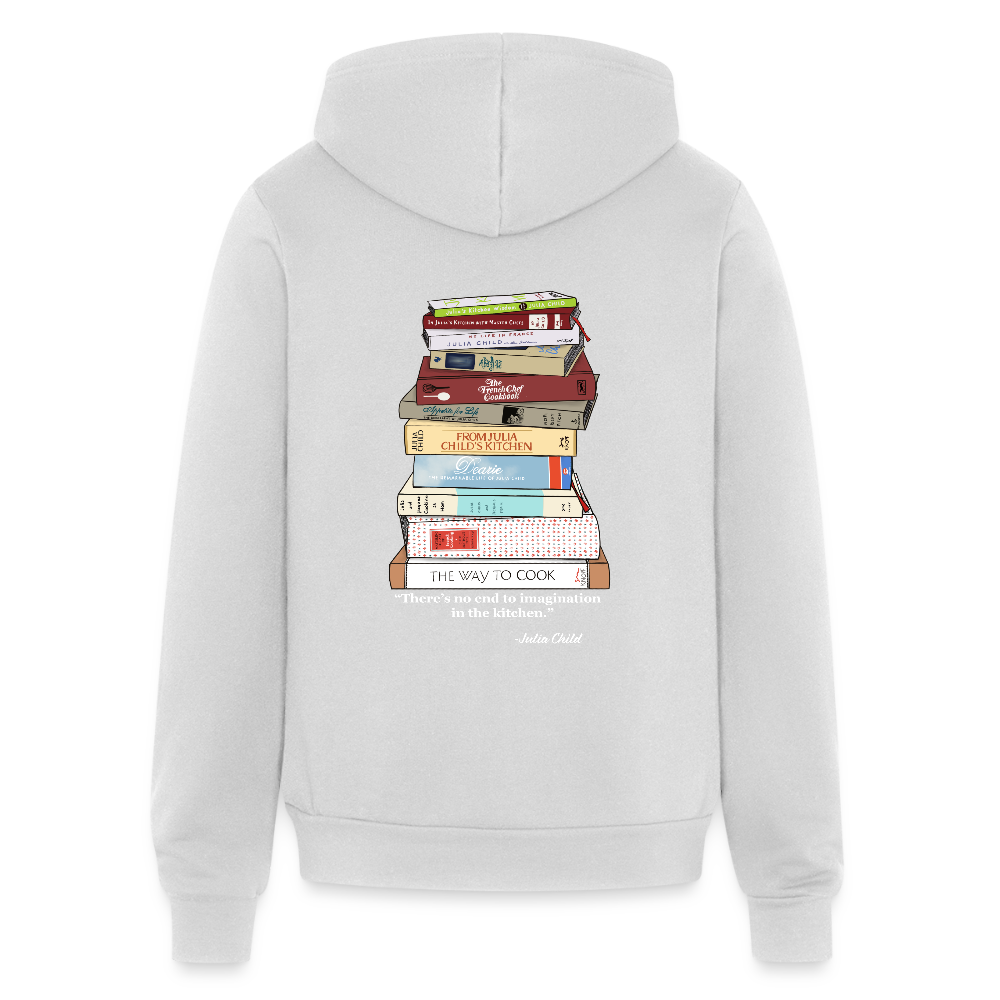 Julia Child Cookbook Stack Hoodie – Hand Drawn Zippered Sweatshirt for Foodies, Chefs & French Cooking Fans - silver