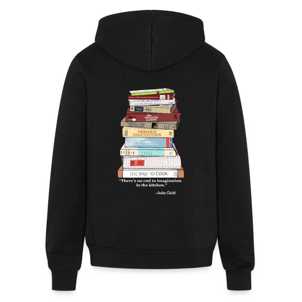 Julia Child Cookbook Stack Hoodie – Hand Drawn Zippered Sweatshirt for Foodies, Chefs & French Cooking Fans - black