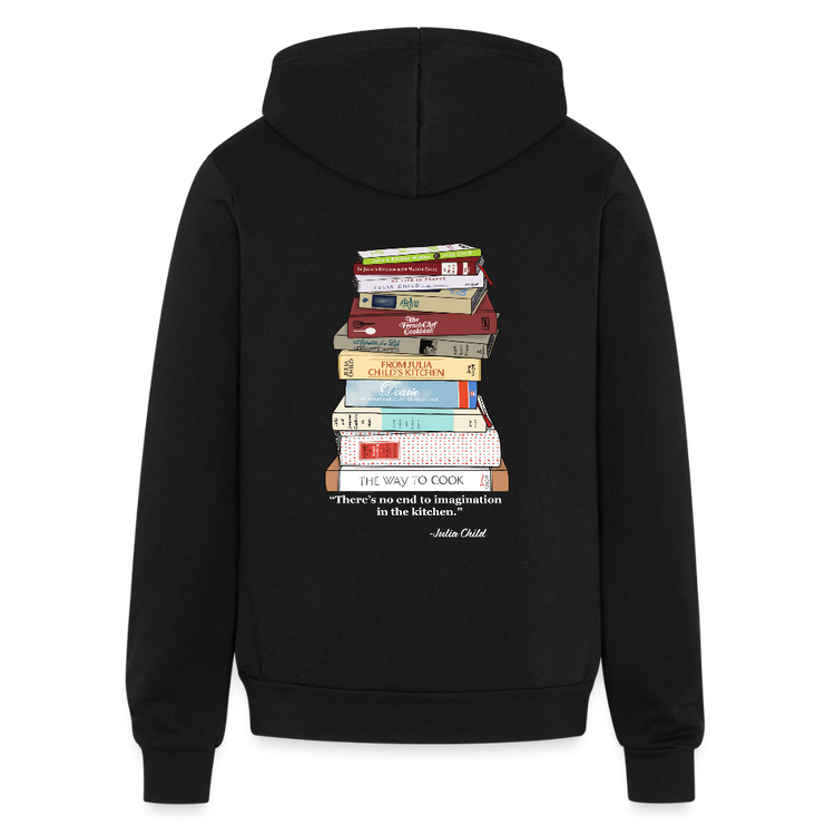 Julia Child Cookbook Stack Hoodie – Hand Drawn Zippered Sweatshirt for Foodies, Chefs & French Cooking Fans - black