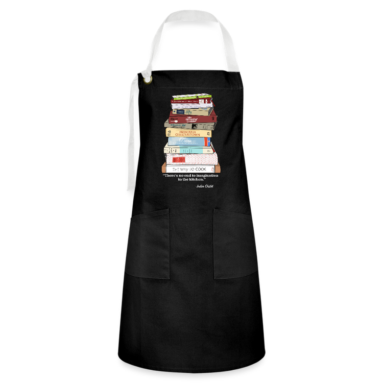Julia Child Cookbook Stack Apron – Hand Drawn Kitchen Art with Quote “There’s No End to Imagination in the Kitchen - black/white