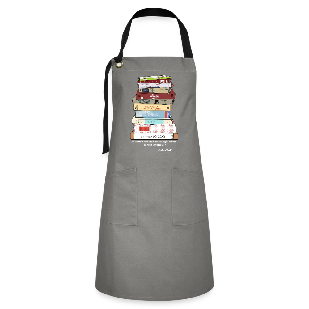 Julia Child Cookbook Stack Apron – Hand Drawn Kitchen Art with Quote “There’s No End to Imagination in the Kitchen - gray/black