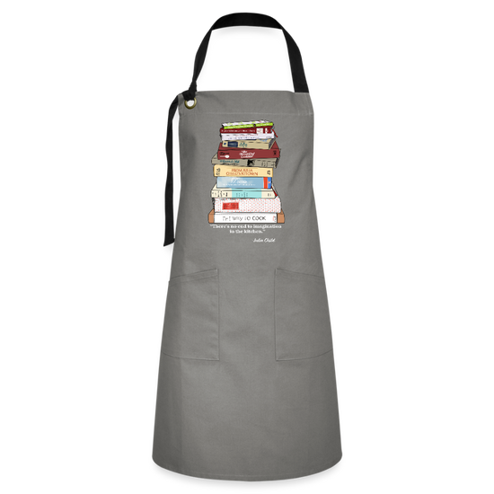 Julia Child Cookbook Stack Apron – Hand Drawn Kitchen Art with Quote “There’s No End to Imagination in the Kitchen - gray/black