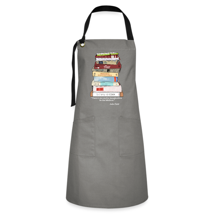 Julia Child Cookbook Stack Apron – Hand Drawn Kitchen Art with Quote “There’s No End to Imagination in the Kitchen - gray/black