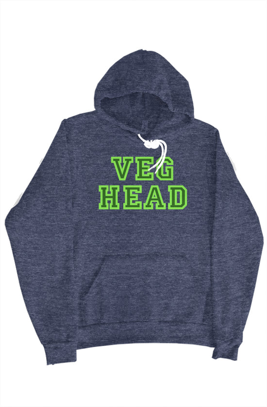 Heatherd blue hoodie with the words Veg Head on the front, and the hood is lined in light blue with a fun artist/chef rendered vegetable print. 