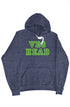 Heatherd blue hoodie with the words Veg Head on the front, and the hood is lined in light blue with a fun artist/chef rendered vegetable print. 